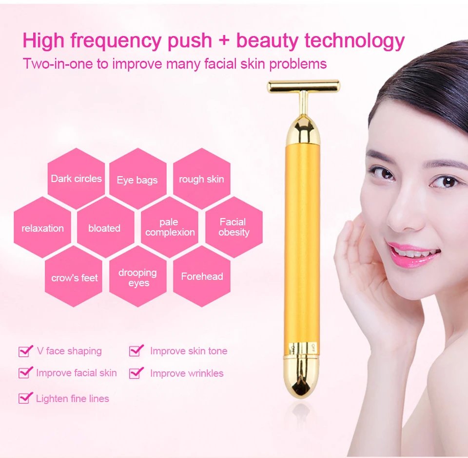 24K Gold T Beauty Bar Energy Roller Electric Face-lifting Facial Massage Beauty Instrument Waterproof Vibrating Face Care Stick