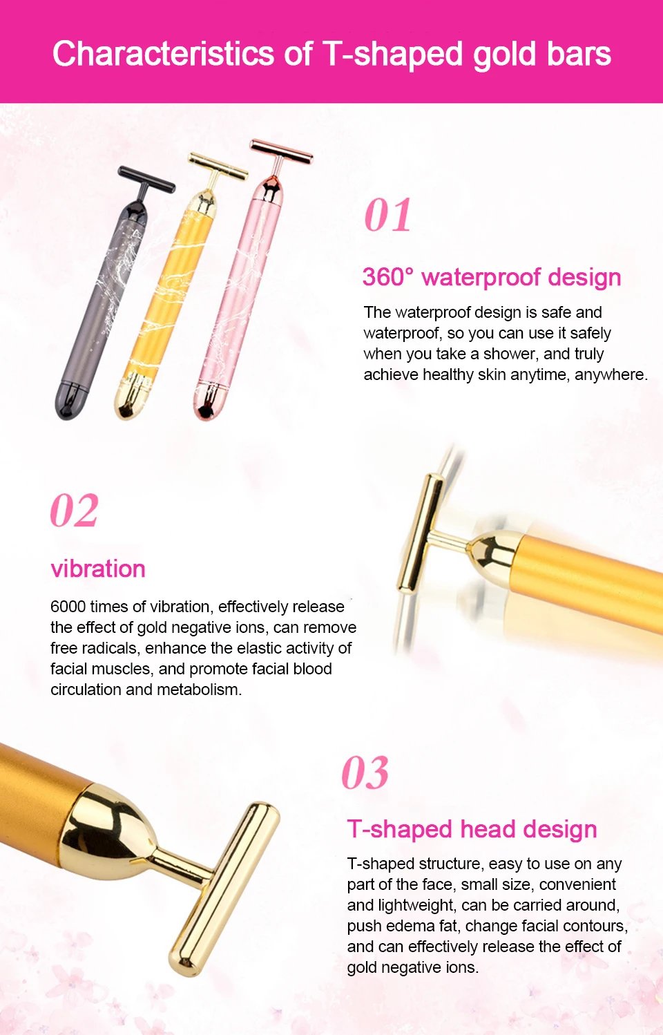 24K Gold T Beauty Bar Energy Roller Electric Face-lifting Facial Massage Beauty Instrument Waterproof Vibrating Face Care Stick